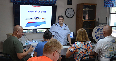 USCGAUX Member teaching boating safety in classroom